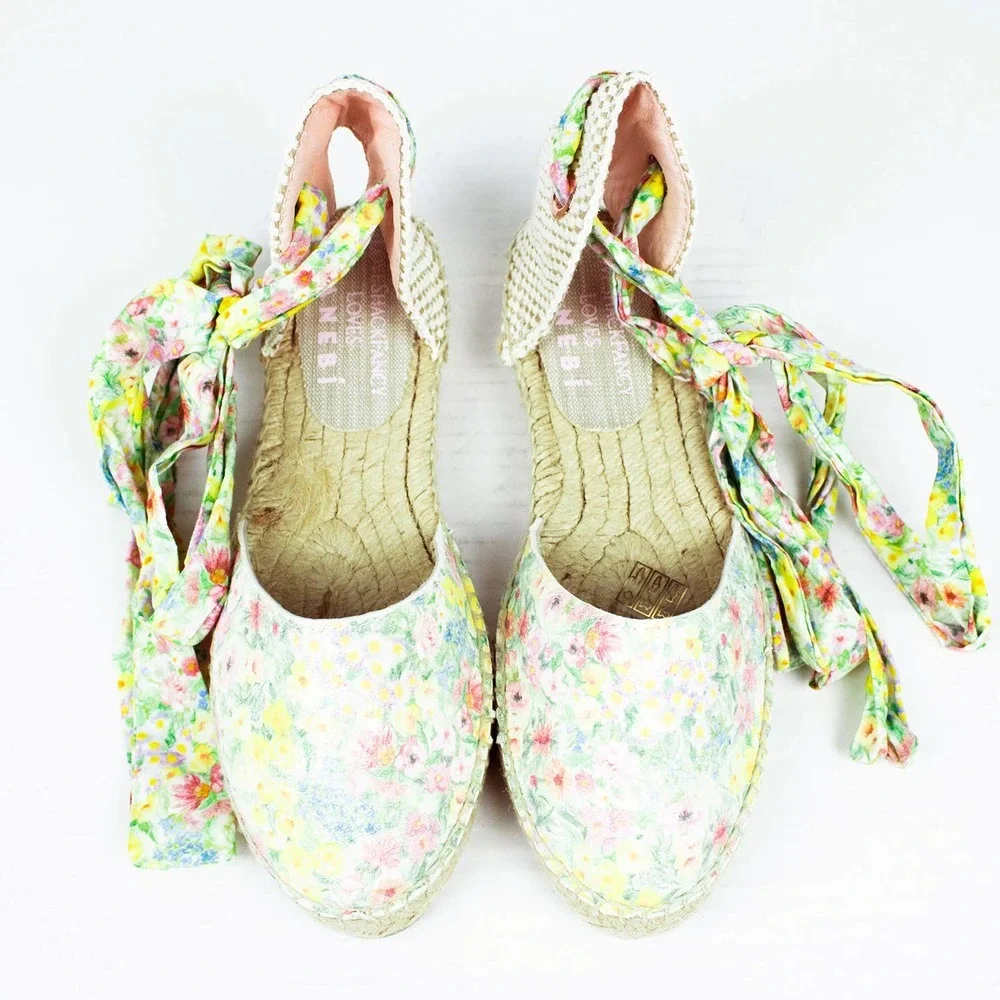 LoveShackFancy x Manebi Green Floral Ankle Wrap Straw Espadrilles - Picture 2 of 10